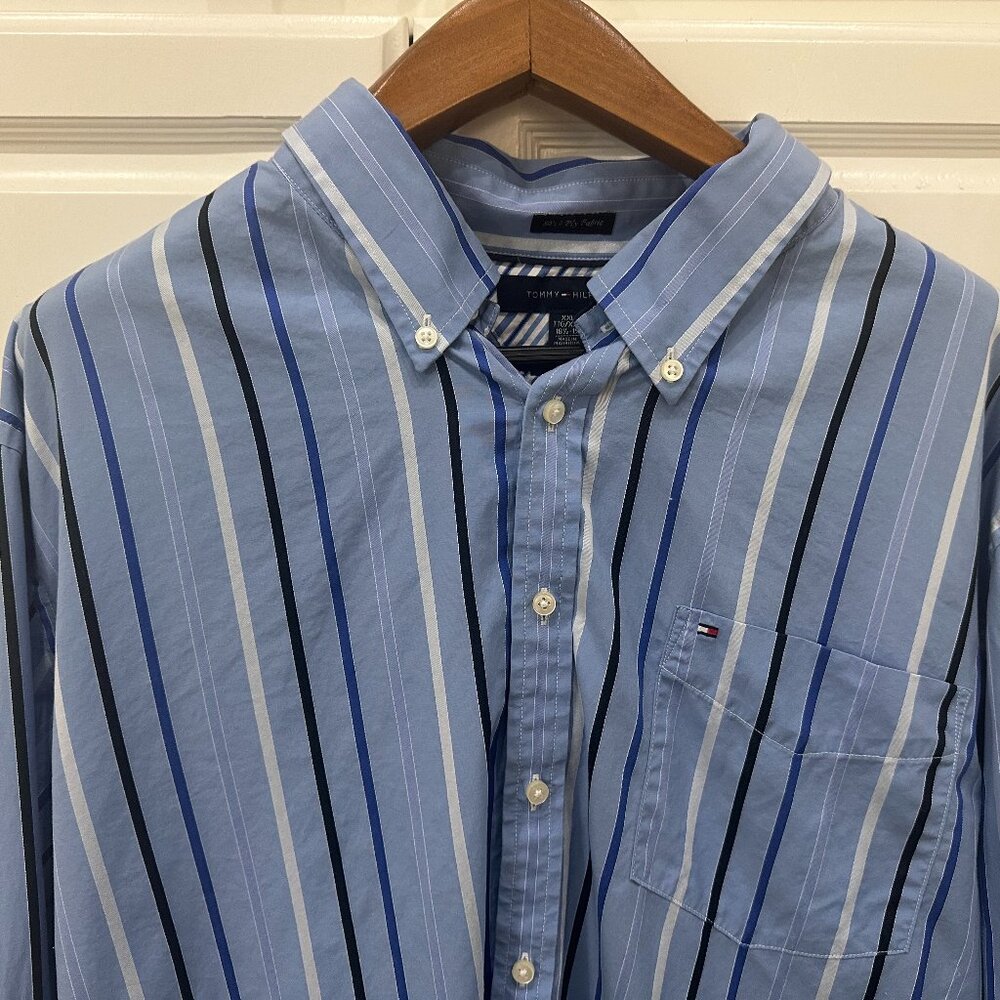 Tommy Hilfiger Men's Blue Striped Long Sleeve Button Up Dress Shirt Size XXL